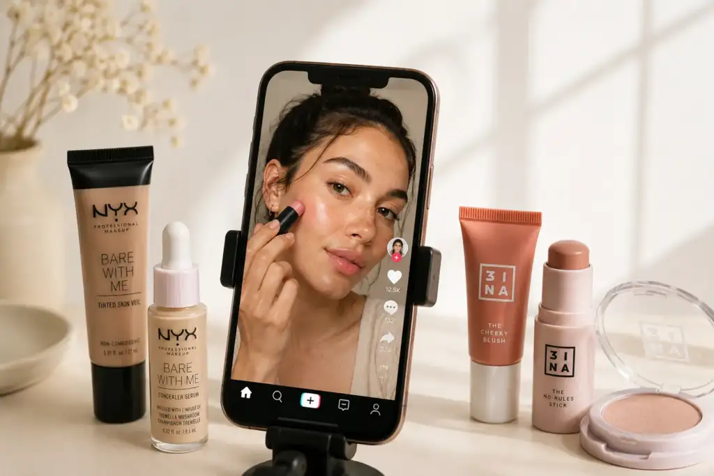 Creadores de contenido impulsan el maquillaje efecto piel real Smartphone mostrando una creadora de contenido aplicando maquillaje natural junto a productos cosméticos de acabado ligero y efecto piel real.