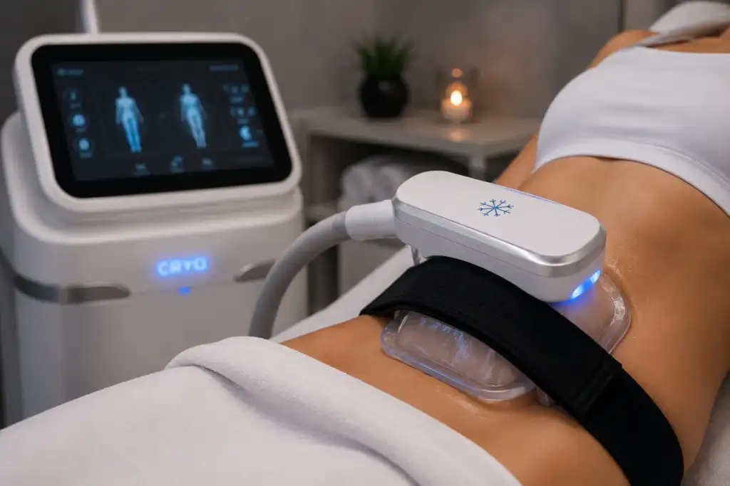 Criolipólisis corporal de nueva generación para reducción de grasa localizada Tratamiento profesional de criolipólisis aplicado sobre el abdomen con tecnología de enfriamiento controlado para reducir grasa localizada sin cirugía.