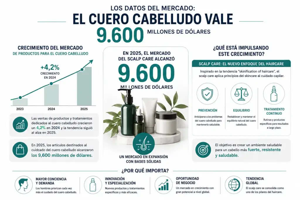 Mercado del cuidado del cuero cabelludo en 2025 Infografía sobre el mercado mundial del cuidado del cuero cabelludo, con un valor de 9.600 millones de dólares en 2025 y crecimiento impulsado por la tendencia scalp care.
