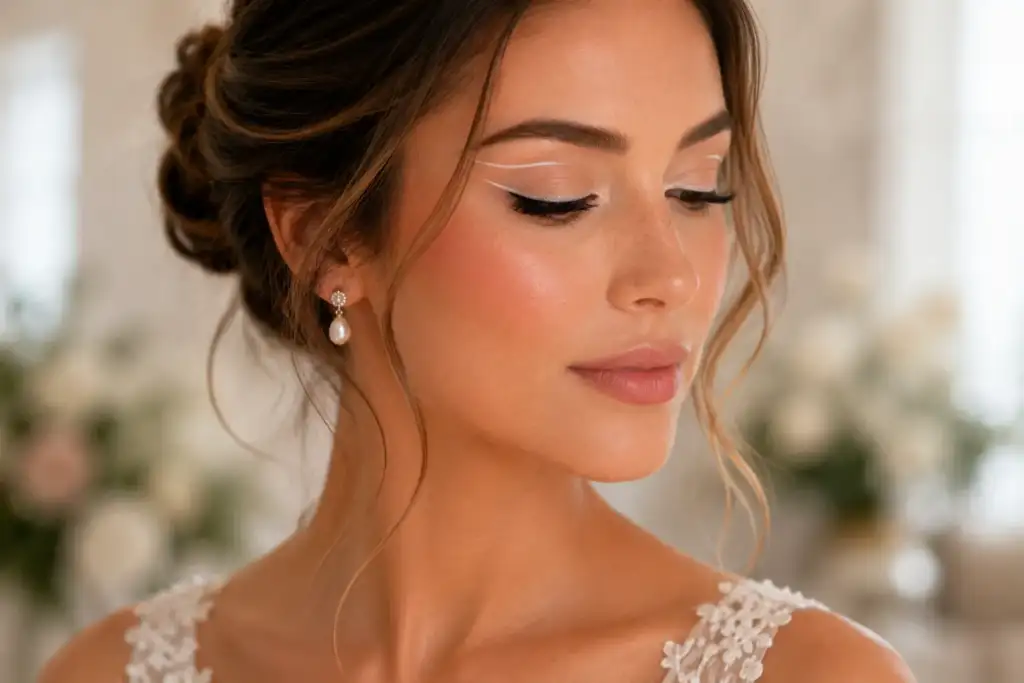 Delineado gráfico minimalista para maquillaje de novia moderno en 2026 Novia con maquillaje natural y delineado gráfico minimalista en tonos suaves, inspirado en las tendencias nupciales más innovadoras de 2026.