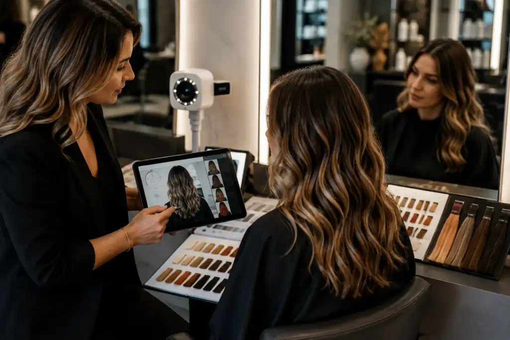 Diagnóstico capilar digital para coloración personalizada en peluquería Colorista profesional realizando un diagnóstico capilar digital con simulación de color y análisis personalizado del cabello antes de una coloración en salón de peluquería.