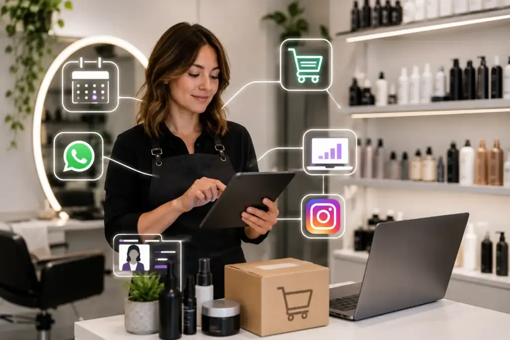 Profesional de peluquería utilizando herramientas digitales en un salón moderno mientras gestiona pedidos online, agenda de clientes y redes sociales.