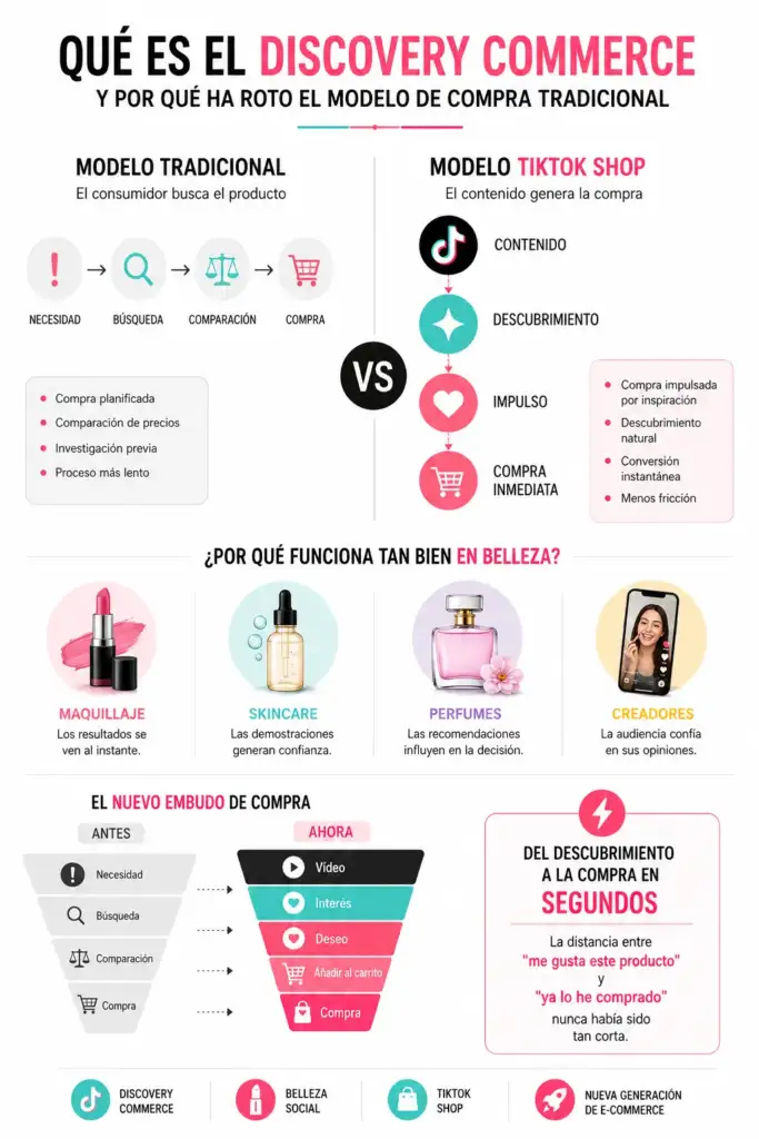 Qué es el Discovery Commerce y cómo TikTok Shop ha transformado las compras Infografía sobre Discovery Commerce que compara el modelo tradicional de compra con el modelo de TikTok Shop y explica cómo el contenido impulsa el descubrimiento y la compra inmediata en el sector de la belleza.