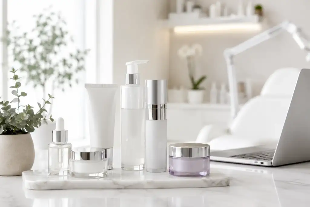Ecommerce de cosmética profesional en clínicas estéticas Productos de cosmética profesional sobre una mesa en una clínica estética junto a un ordenador portátil, representando la venta online de dermocosmética y el ecommerce en centros de estética.