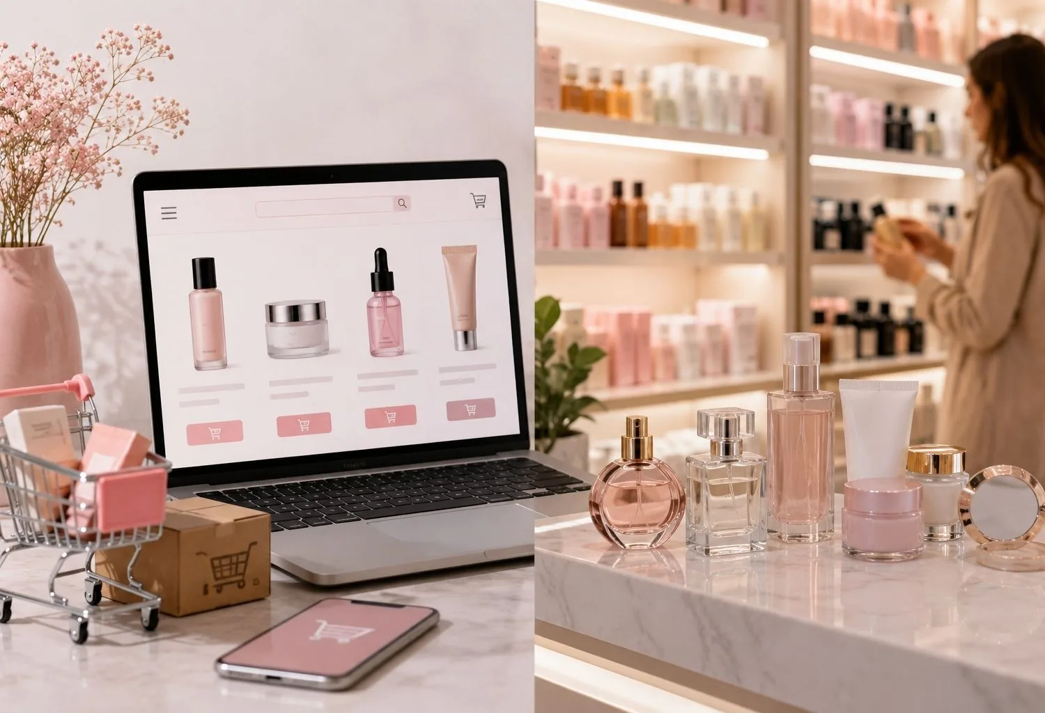Escena que representa la convivencia entre ecommerce y retail físico en cosmética, con tienda online de belleza en portátil y exposición de productos en perfumería especializada.