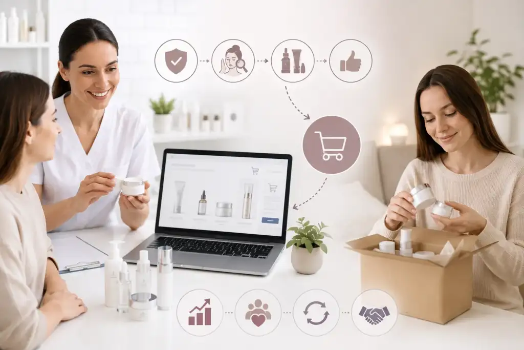 Ecommerce de productos profesionales en clínicas estéticas Profesional de clínica estética recomendando productos dermocosméticos a una paciente mediante una plataforma de ecommerce para el cuidado de la piel en casa.
