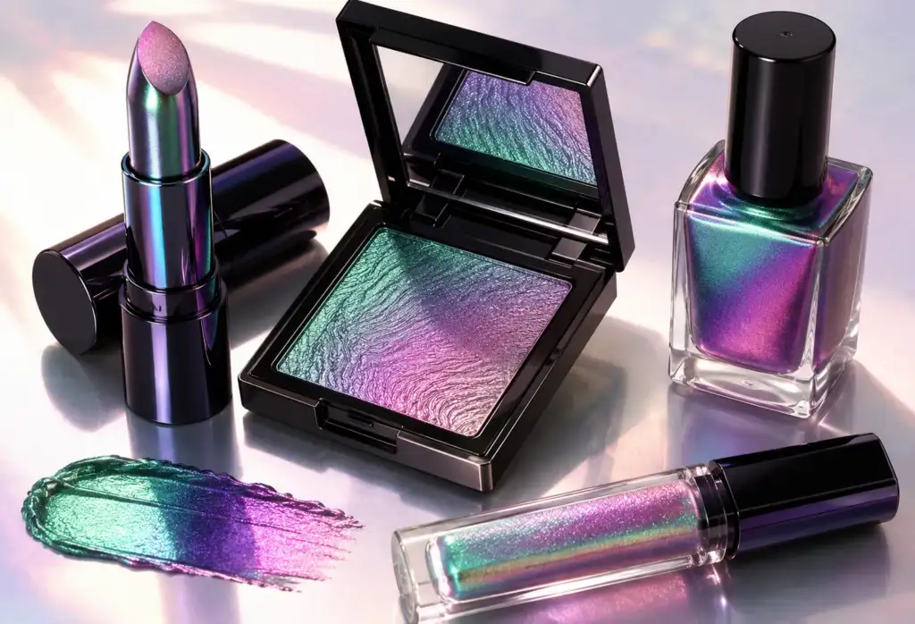 Productos de maquillaje con efecto tornasol y acabado multicromático que cambian de color según el ángulo de la luz.