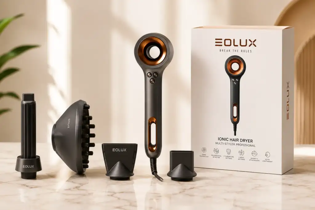 EOLUX Multi-Styler Profesional Iónico con difusor y accesorios magnéticos para crear ondas, rizos y acabados profesionales.