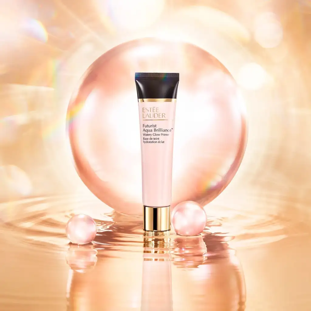 Estée Lauder Futurist Aqua Brilliance Watery Glow Primer Primer facial Estée Lauder Futurist Aqua Brilliance Watery Glow Primer presentado sobre un fondo luminoso con efecto perlado y reflejos dorados.