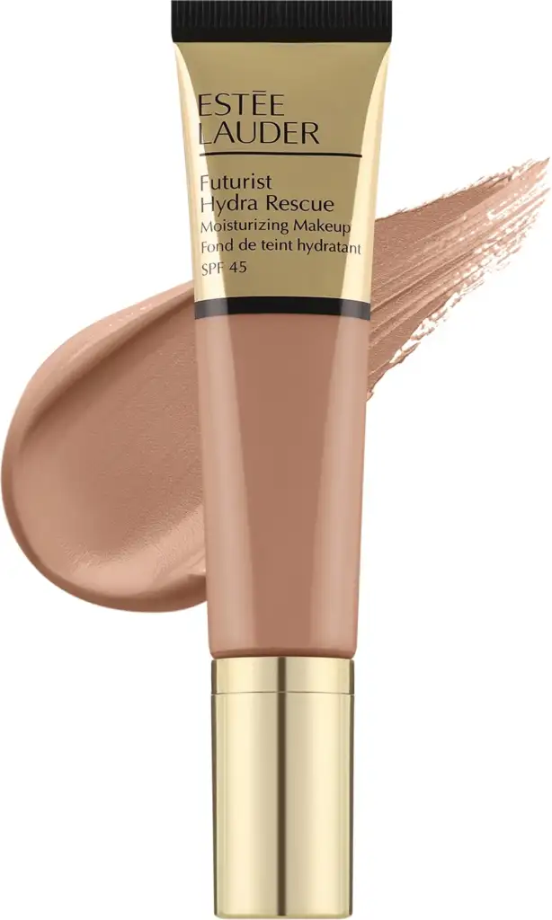 Estée Lauder Futurist Hydra Rescue Moisturizing Makeup SPF 45 Base de maquillaje hidratante Estée Lauder Futurist Hydra Rescue SPF 45 con muestra de tono sobre fondo neutro.