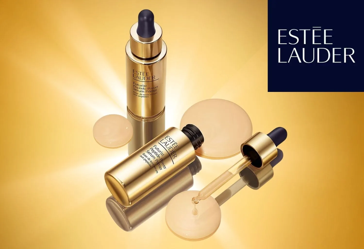 Envases del Futurist Peptide-Power Serum Primer de Estée Lauder sobre fondo dorado con gotero y producto cosmético premium.