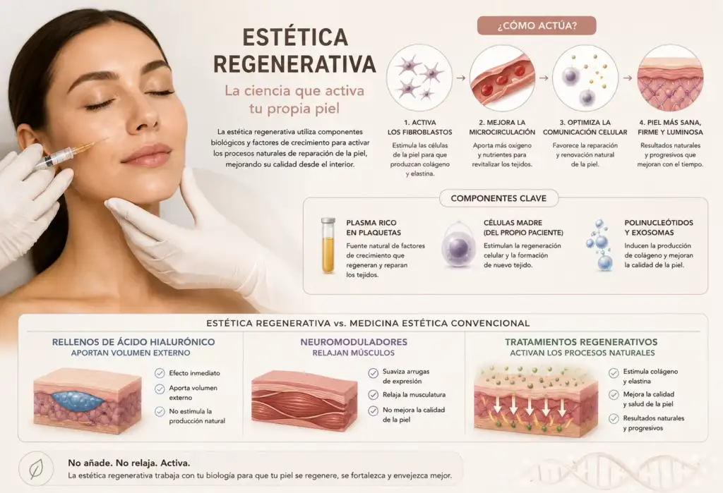 Infografía sobre estética regenerativa que muestra cómo los tratamientos estimulan la producción de colágeno, la microcirculación y la regeneración celular de forma natural.
