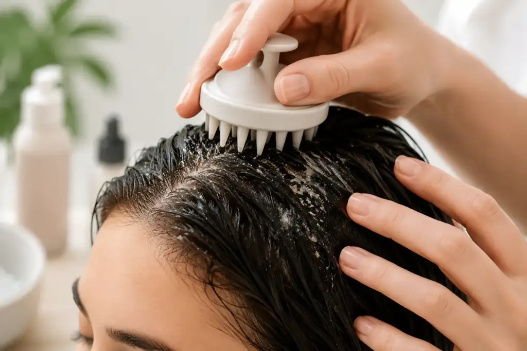 Exfoliación del cuero cabelludo en la rutina de skinification capilar Exfoliación del cuero cabelludo con cepillo masajeador durante un tratamiento de skinification capilar para eliminar sebo, residuos y células muertas.