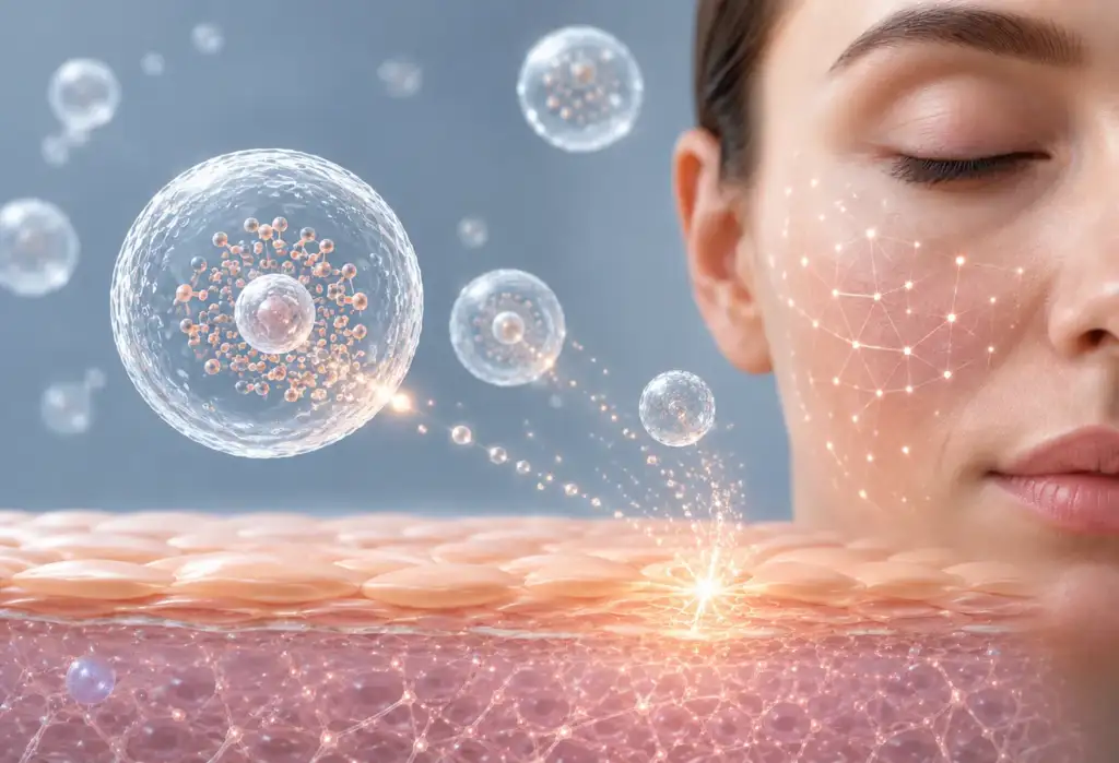 Exosomas y regeneración cutánea avanzada en cosmética biotecnológica Representación de exosomas interactuando con las células de la piel para estimular la regeneración cutánea y la producción de colágeno.