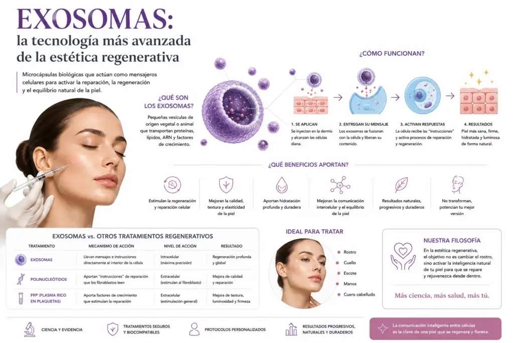 Infografía sobre exosomas en medicina estética regenerativa que explica cómo estas microvesículas biológicas mejoran la comunicación celular y estimulan la reparación natural de la piel.