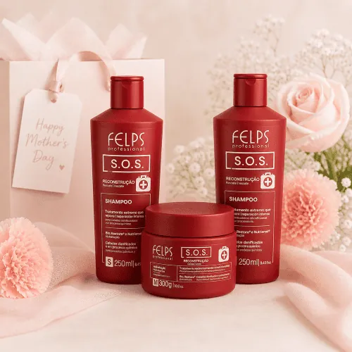 Kit Felps Professional S.O.S. Reconstruction para reconstrucción capilar Kit Felps Professional S.O.S. Reconstruction con champú y mascarilla para reconstrucción y reparación intensiva del cabello dañado.