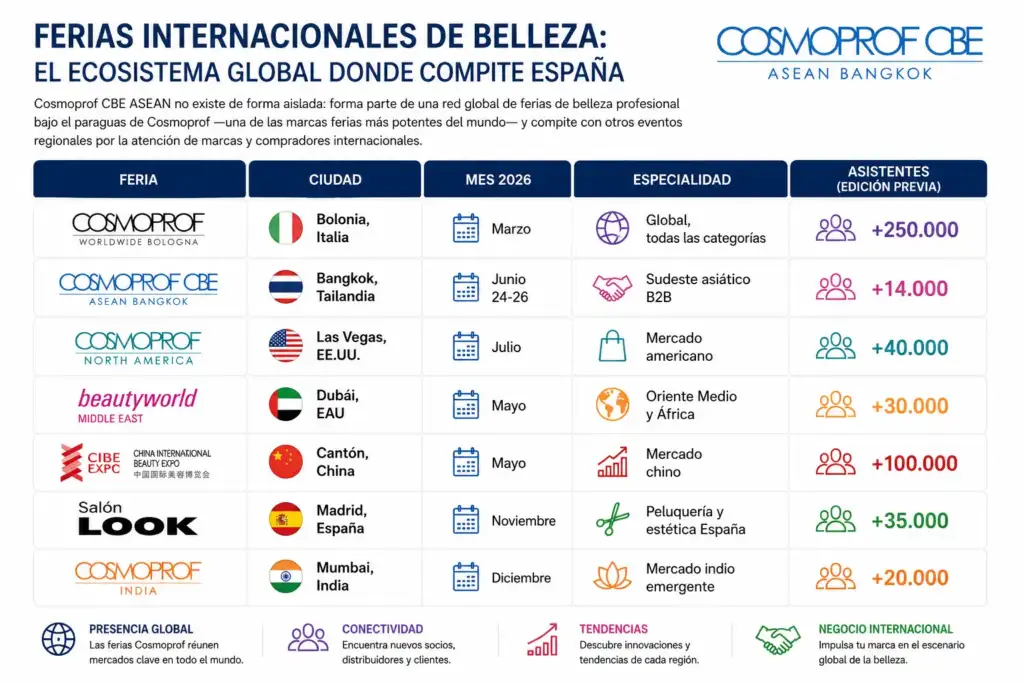 Ferias internacionales de belleza 2026: ecosistema global y Cosmoprof CBE ASEAN Infografía comparativa de las principales ferias internacionales de belleza en 2026, incluyendo Cosmoprof Bolonia, Cosmoprof CBE ASEAN Bangkok, Cosmoprof North America, Beautyworld Middle East, CIBE China, Salón Look Madrid y Cosmoprof India.