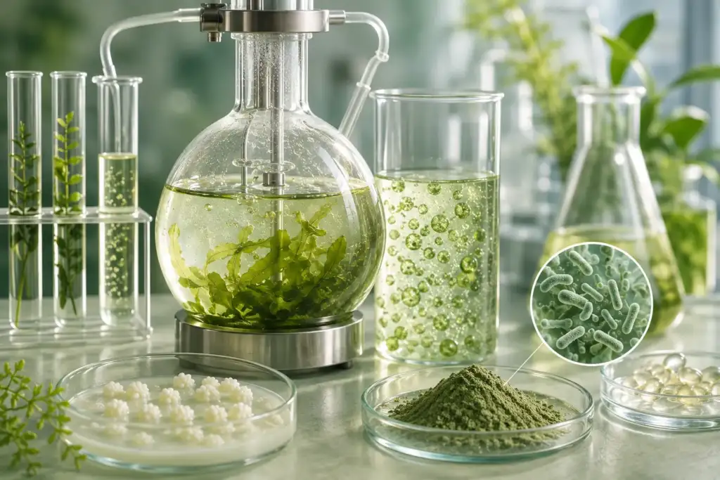 Fermentación biotecnológica aplicada a la cosmética avanzada Laboratorio biotecnológico con cultivos vegetales y microorganismos utilizados para la obtención sostenible de activos cosméticos mediante fermentación.
