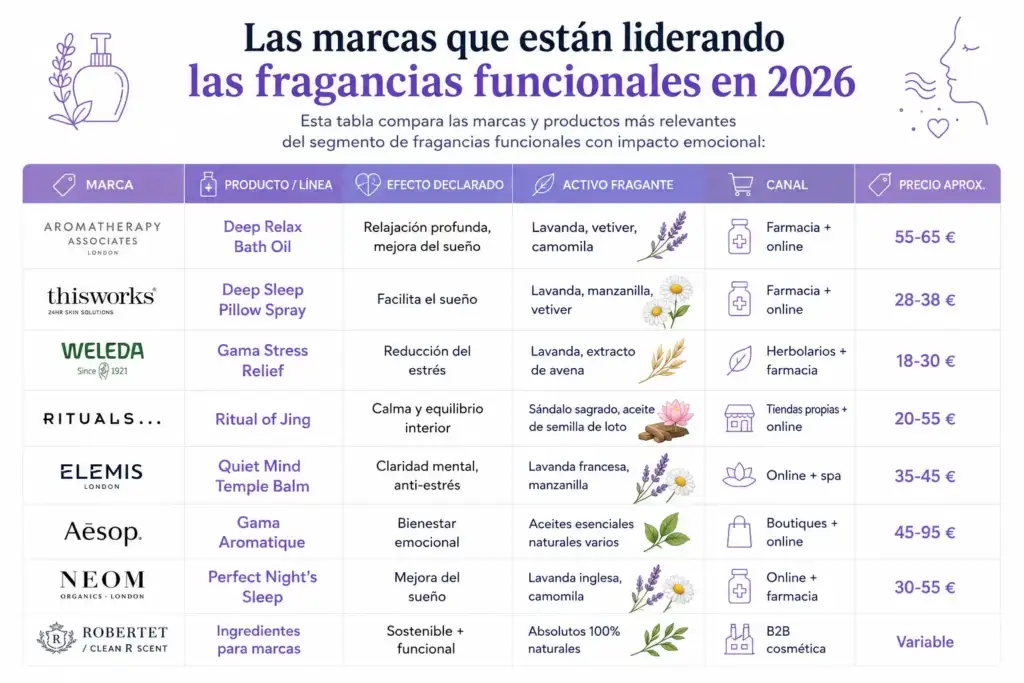 Marcas líderes en fragancias funcionales con impacto emocional en 2026 Infografía comparativa de las principales marcas de fragancias funcionales en 2026 y sus efectos sobre el bienestar emocional