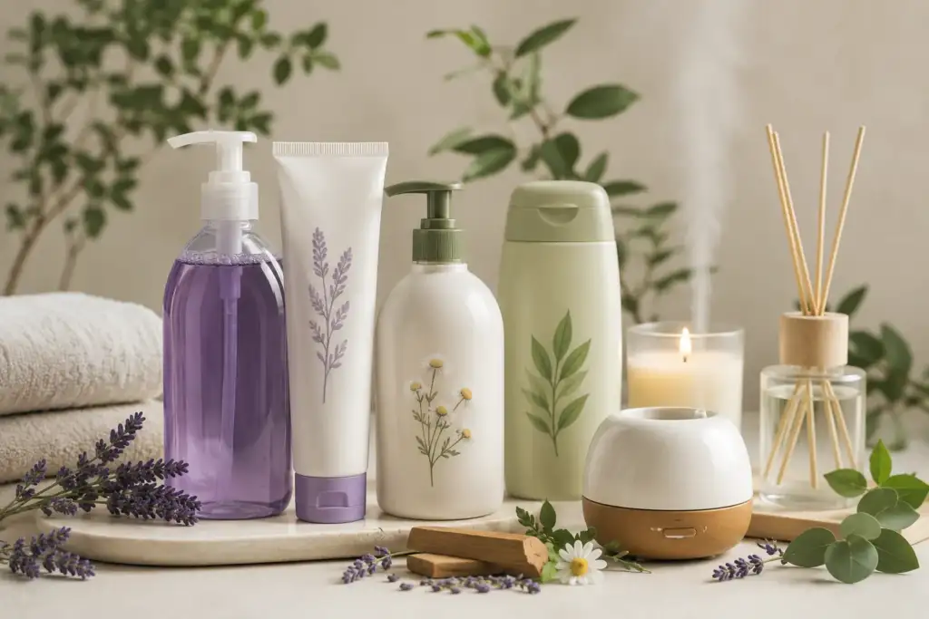 Fragancias funcionales en cosmética y bienestar para el hogar Productos cosméticos y ambientadores con fragancias funcionales para promover la relajación y el bienestar emocional