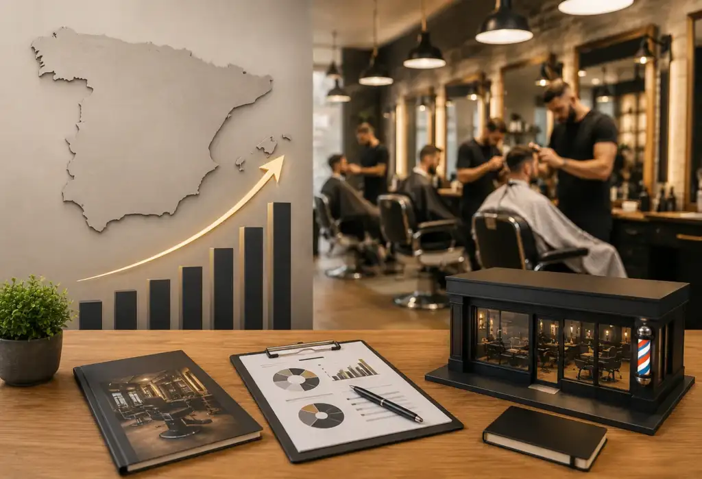 Representación del crecimiento de las franquicias de barbería en España con gráfico ascendente, mapa de España y barbería profesional en funcionamiento.