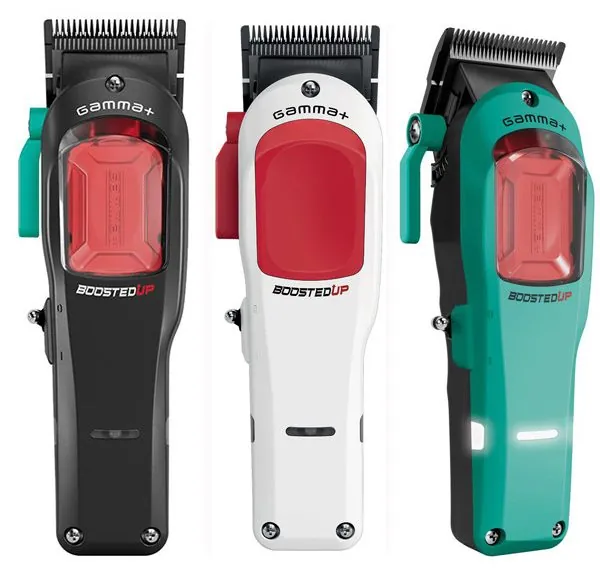 Máquinas cortapelos profesionales Gamma+ Boosted Up en distintos acabados de color, diseñadas para barbería y peluquería profesional con motor de alta velocidad.