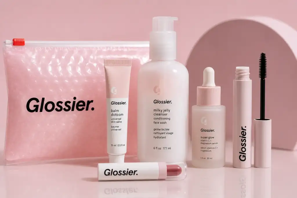 Glossier y el nacimiento del modelo DTC en belleza Productos de Glossier presentados sobre fondo rosa minimalista, representando el éxito del modelo DTC impulsado por comunidad y redes sociales.