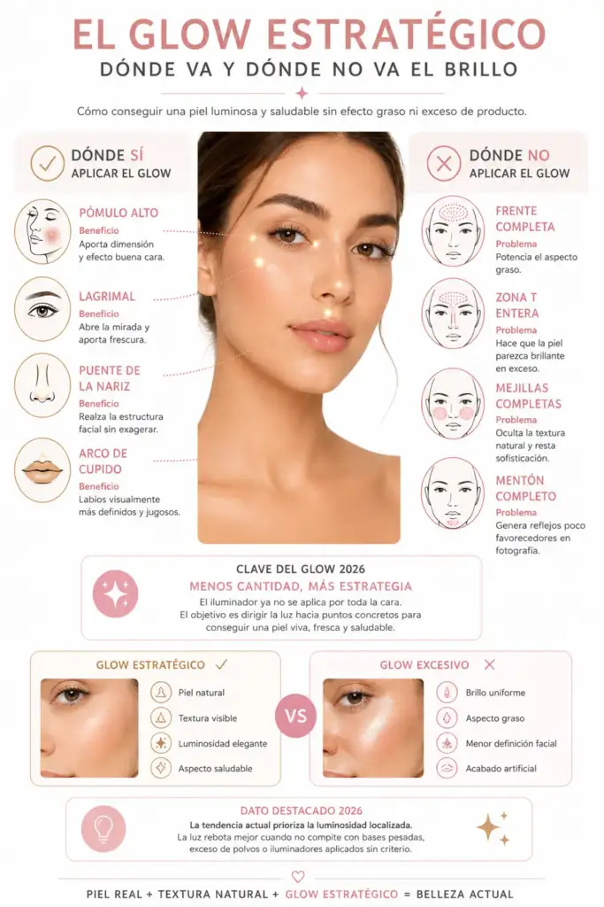 Glow estratégico: dónde va y dónde no va el brillo en el maquillaje Infografía sobre glow estratégico en maquillaje mostrando las zonas recomendadas y las zonas a evitar para conseguir una piel luminosa, natural y saludable.
