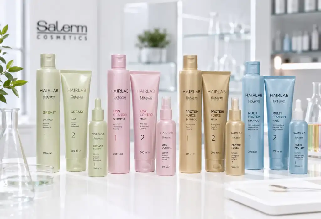 Gama Hairlab de Salerm Cosmetics para tratamientos capilares personalizados Productos Hairlab de Salerm Cosmetics organizados por líneas específicas para diferentes necesidades capilares en un entorno profesional.