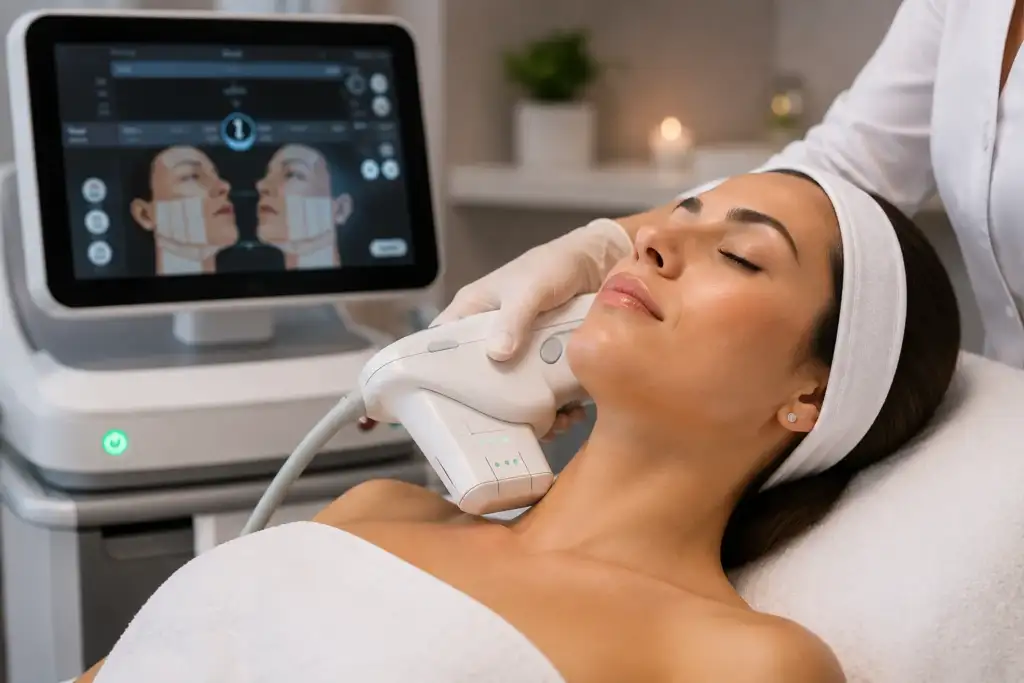 HIFU facial: lifting sin cirugía con ultrasonido focalizado Tratamiento facial HIFU con ultrasonido focalizado de alta intensidad para tensar la piel y estimular la producción de colágeno.