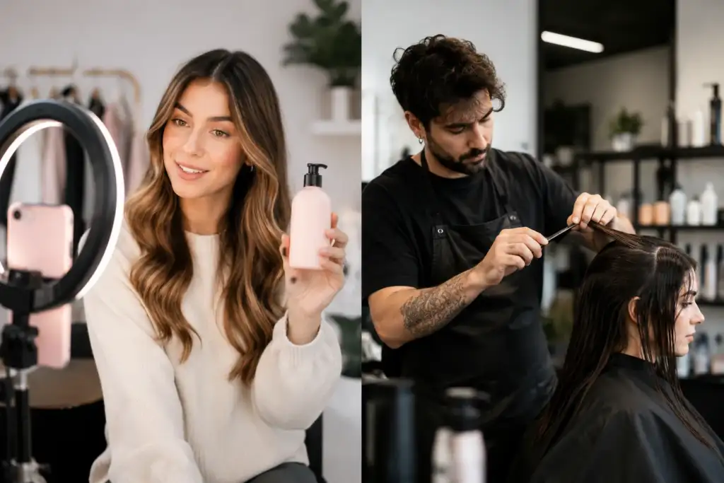 Influencer de lifestyle frente a prescriptor capilar profesional Comparativa visual entre una influencer de lifestyle promocionando un producto capilar en redes sociales y un peluquero profesional trabajando con una clienta en un salón de peluquería.