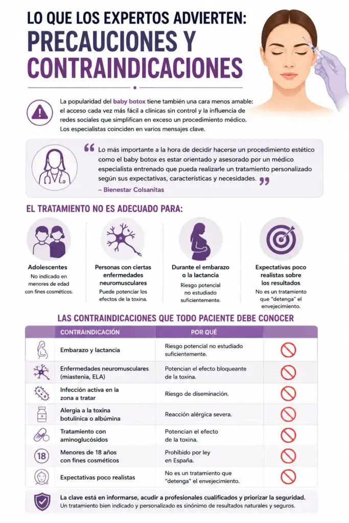 Precauciones y contraindicaciones del baby botox: guía visual Infografía sobre las principales precauciones y contraindicaciones del baby botox, incluyendo embarazo, enfermedades neuromusculares, infecciones activas y expectativas poco realistas.
