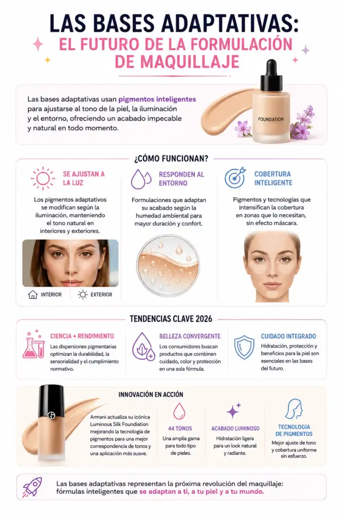 Infografía sobre las bases adaptativas de maquillaje que utilizan pigmentos inteligentes para ajustarse a la piel, la iluminación y el entorno.