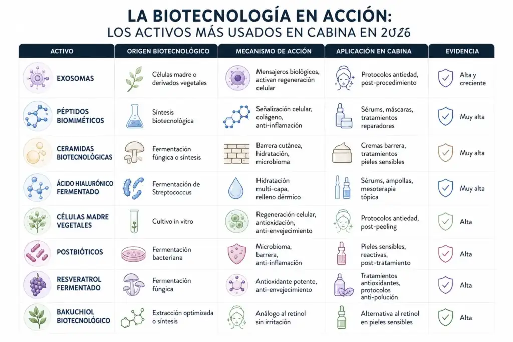 Biotecnología en cosmética profesional: activos más utilizados en cabina en 2026 Infografía comparativa sobre los principales activos biotecnológicos utilizados en tratamientos estéticos profesionales en 2026, incluyendo exosomas, péptidos biomiméticos, ceramidas biotecnológicas y postbióticos.