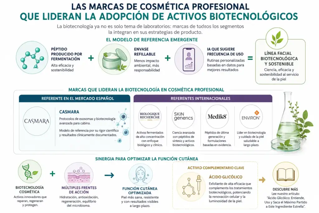 Las marcas de cosmética profesional que lideran la adopción de activos biotecnológicos Infografía sobre las principales marcas de cosmética profesional que lideran la adopción de activos biotecnológicos, incluyendo exosomas, péptidos biomiméticos, fermentación cosmética y soluciones sostenibles para el cuidado de la piel.