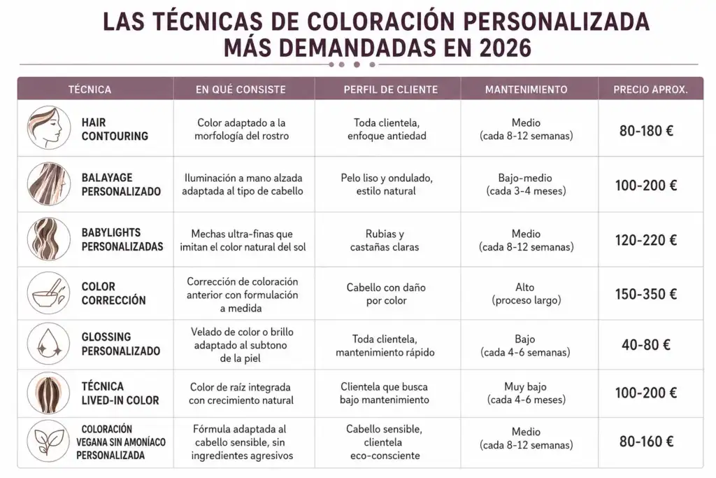 Técnicas de coloración personalizada más demandadas en 2026 Infografía sobre las técnicas de coloración personalizada más demandadas en 2026, incluyendo hair contouring, balayage personalizado, babylights, color corrección, glossing, lived-in color y coloración vegana sin amoníaco.