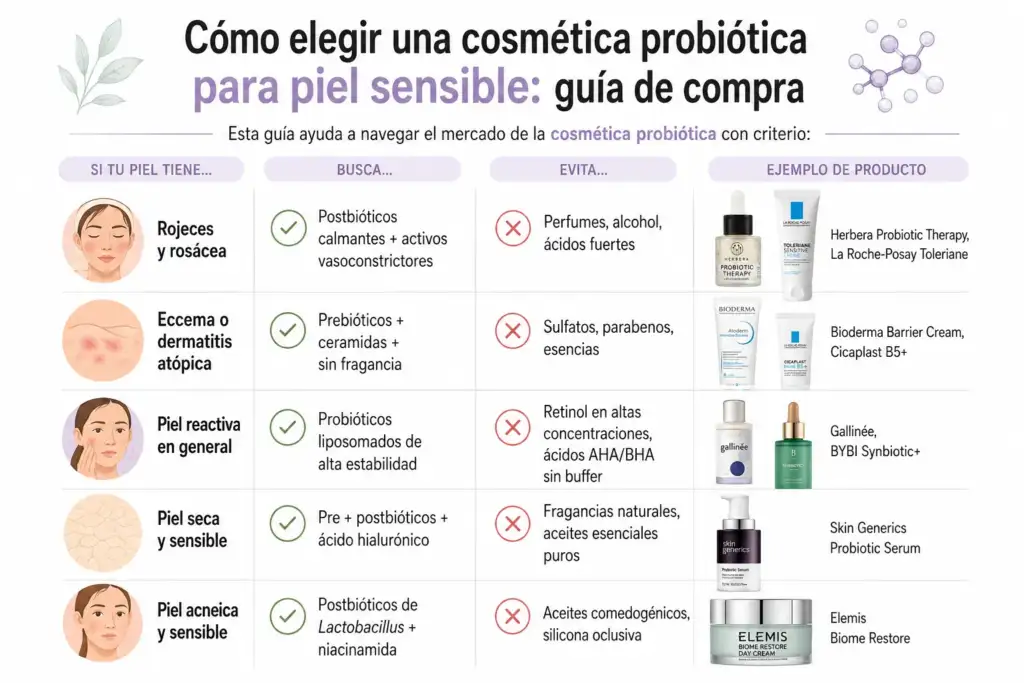 Cómo elegir una cosmética probiótica para piel sensible: guía de compra Infografía sobre cómo elegir cosmética probiótica para piel sensible según el tipo de piel, ingredientes recomendados, componentes a evitar y ejemplos de productos.