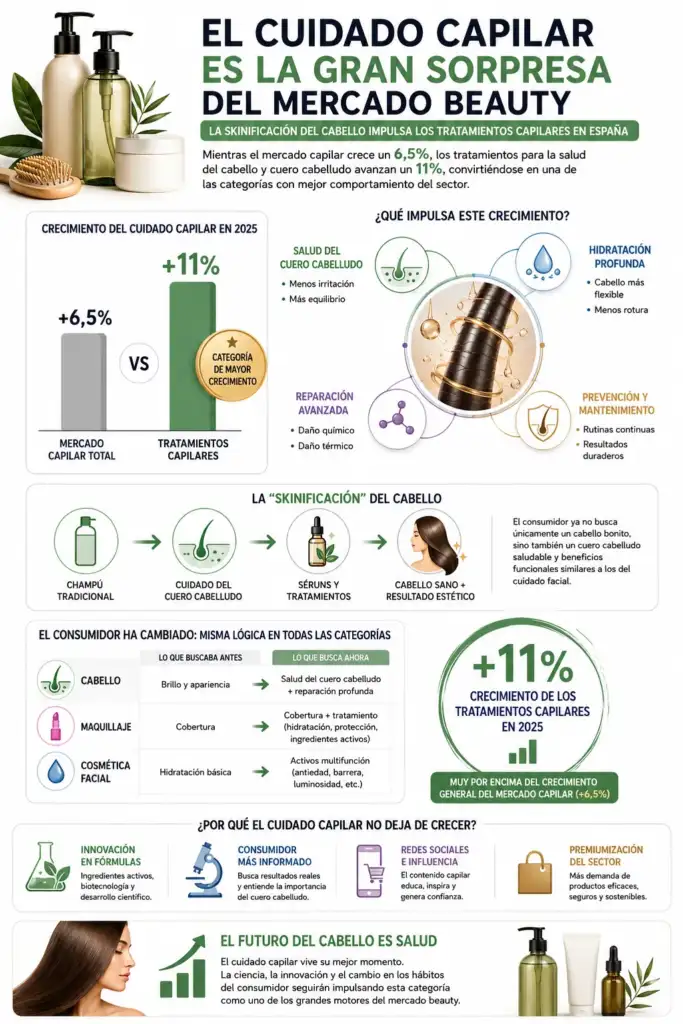 El cuidado capilar: la gran sorpresa del mercado beauty en 2025 Infografía sobre el crecimiento del cuidado capilar en 2025, destacando el aumento de los tratamientos capilares, la salud del cuero cabelludo y la tendencia de skinificación del cabello.
