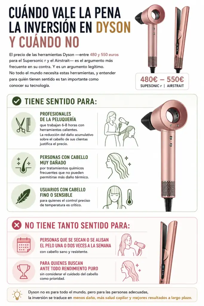 Infografía que explica cuándo merece la pena invertir en herramientas Dyson para el cabello y qué perfiles de usuarios obtienen más beneficios de tecnologías como Supersonic r y Airstrait.