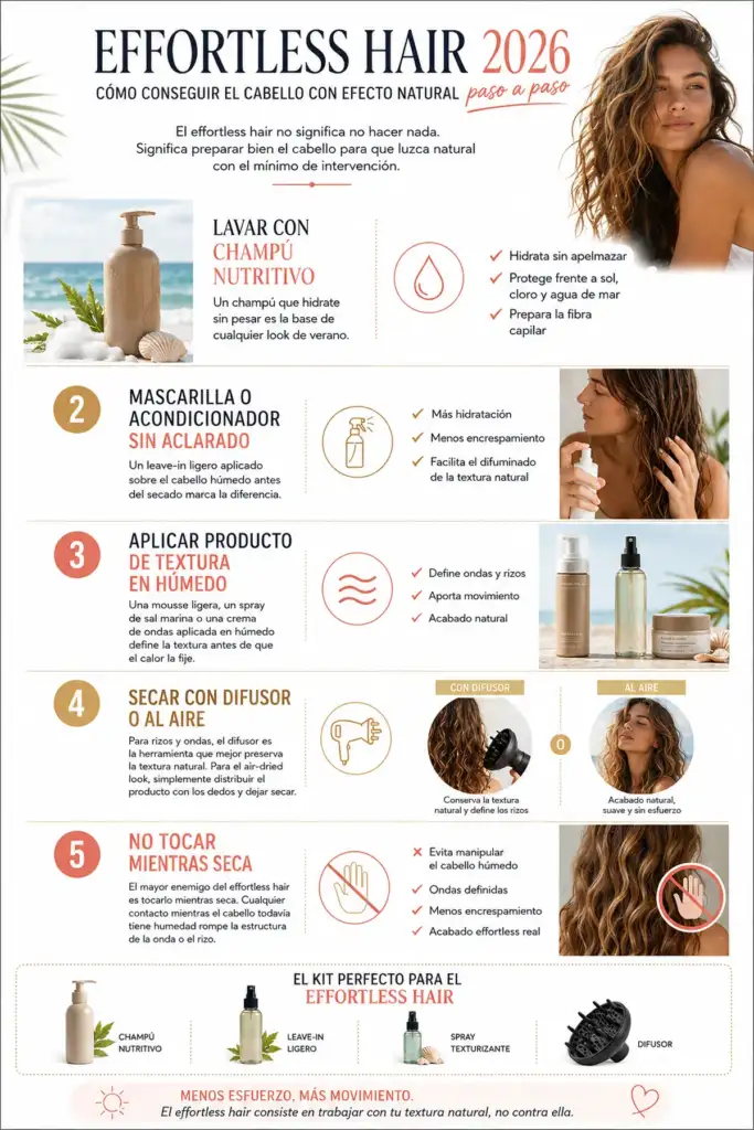 Infografía sobre cómo conseguir el efecto effortless hair en 2026 mediante un protocolo de hidratación, definición de textura y secado natural.