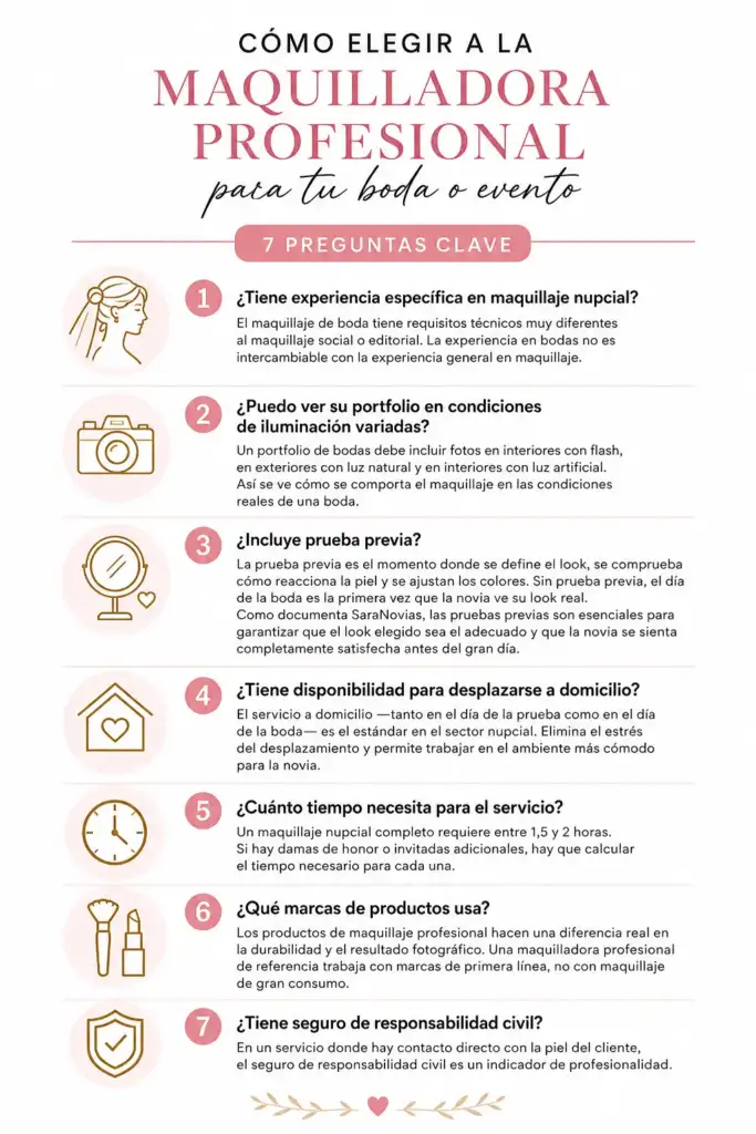 Infografía: cómo elegir a la maquilladora profesional para tu boda o evento Infografía con siete preguntas clave para elegir una maquilladora profesional especializada en bodas y eventos, incluyendo experiencia, portfolio, prueba previa, desplazamiento, tiempos, productos y seguro de responsabilidad civil.