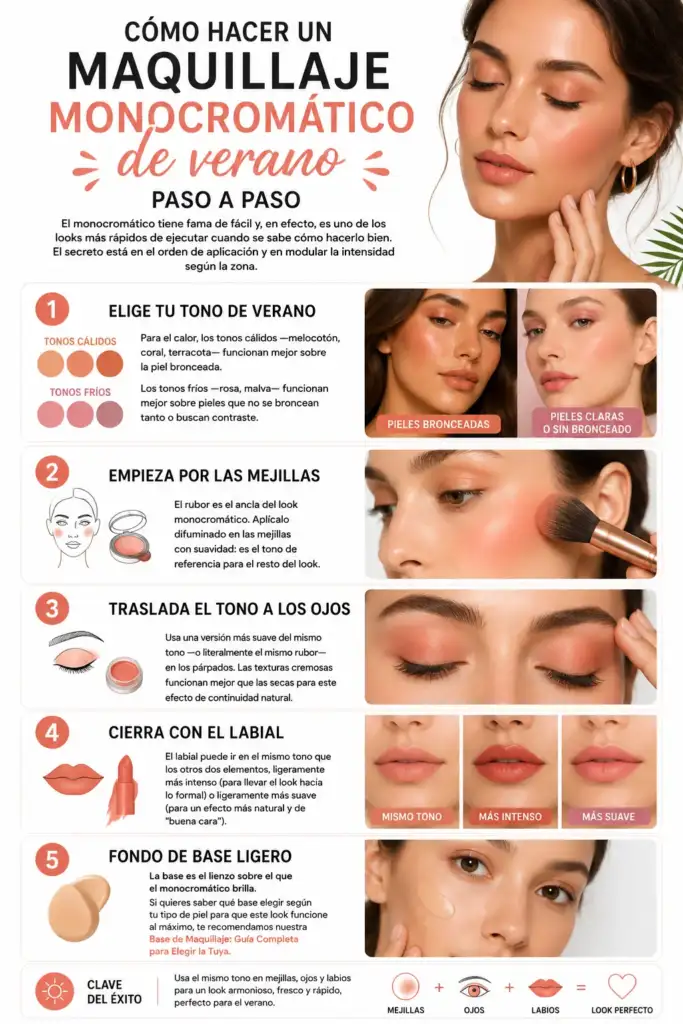 Infografía que explica paso a paso cómo crear un maquillaje monocromático de verano utilizando el mismo tono en mejillas, ojos y labios.
