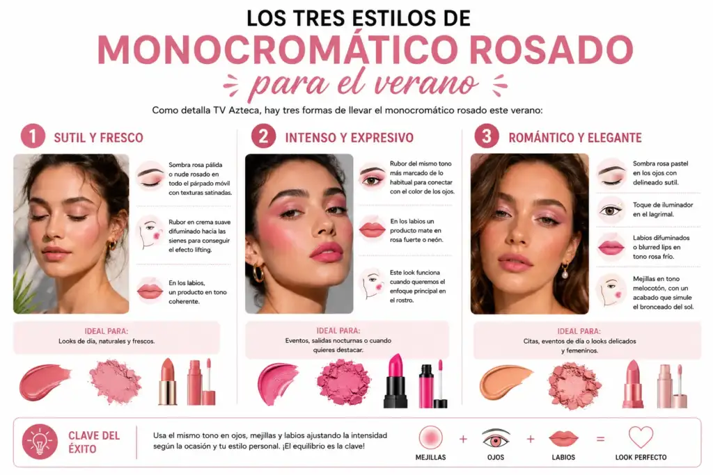 Infografía que muestra tres estilos de maquillaje monocromático rosado para verano: sutil y fresco, intenso y expresivo, y romántico y elegante.