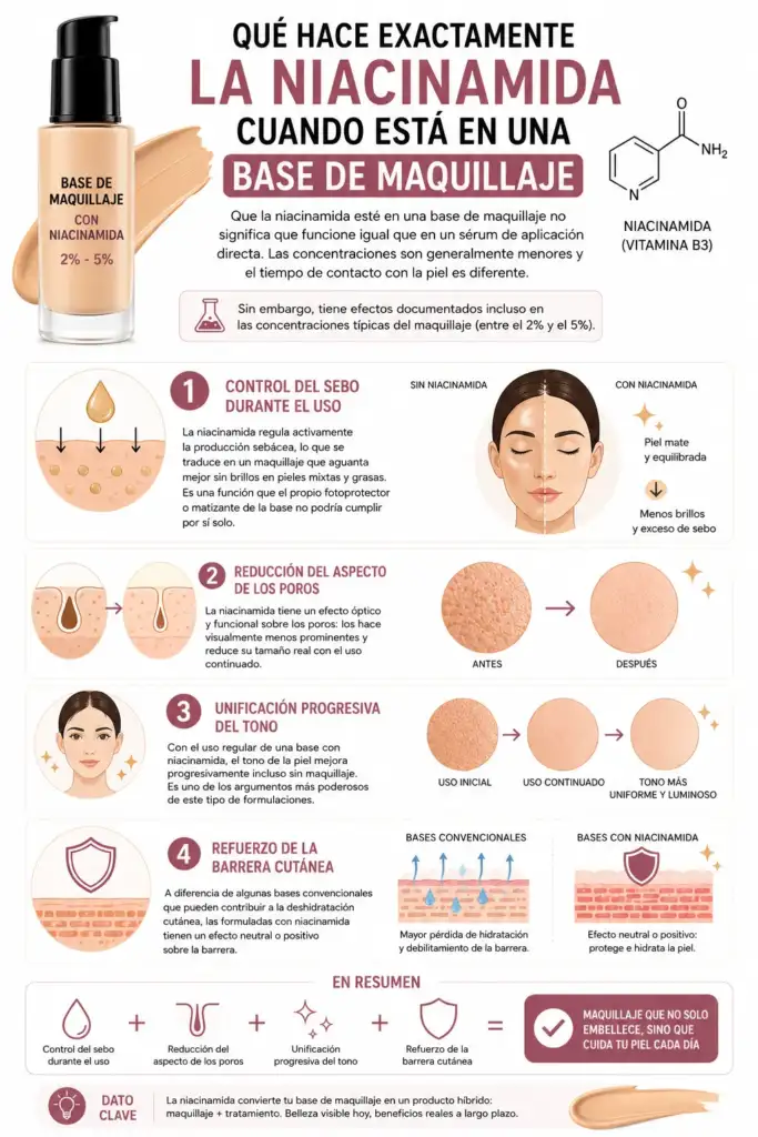 Infografía que explica cómo actúa la niacinamida en una base de maquillaje, mostrando sus efectos sobre el sebo, los poros, el tono de la piel y la barrera cutánea.