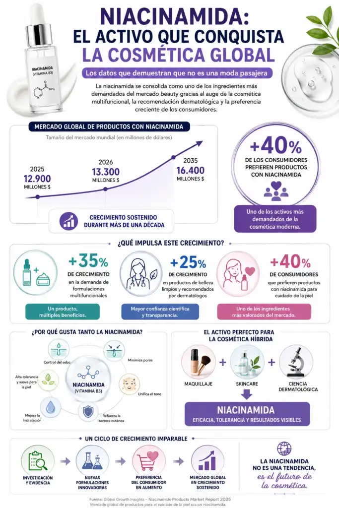 Infografía sobre el crecimiento del mercado mundial de productos con niacinamida, la preferencia de los consumidores y los factores que impulsan su expansión en la cosmética moderna.