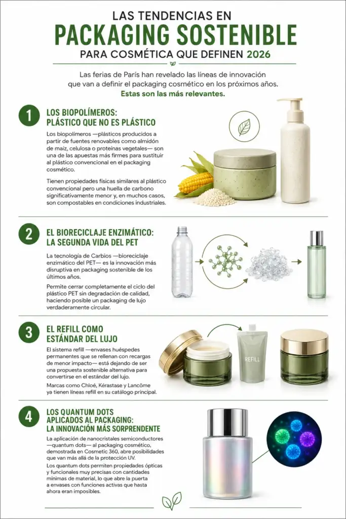 Tendencias en packaging sostenible para cosmética en 2026 Infografía sobre las principales tendencias de packaging sostenible para cosmética en 2026, incluyendo biopolímeros, bioreciclaje enzimático, sistemas refill y quantum dots.
