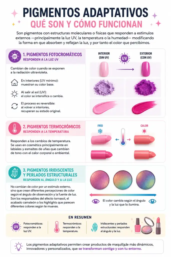 Infografía sobre los pigmentos adaptativos en cosmética que explica los pigmentos fotocromáticos, termocrómicos e iridiscentes y su funcionamiento.
