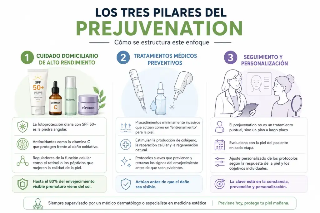 Los tres pilares del prejuvenation: guía visual para prevenir el envejecimiento cutáneo Infografía sobre los tres pilares del prejuvenation: cuidado domiciliario avanzado, tratamientos médicos preventivos y seguimiento personalizado para prevenir el envejecimiento de la piel.