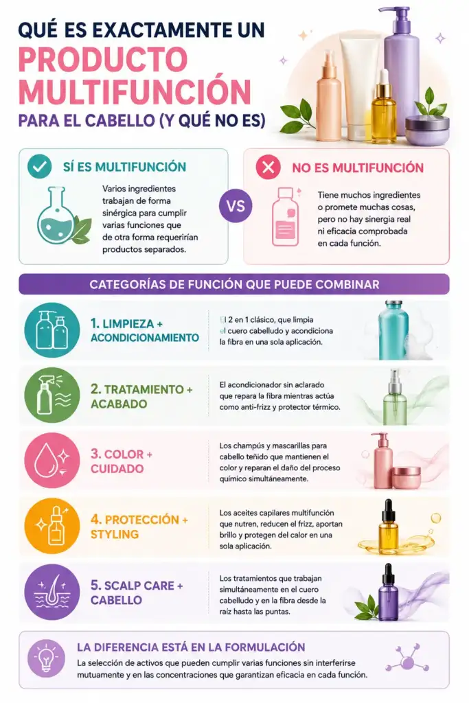 Infografía sobre qué es un producto multifunción para el cabello y sus principales funciones Infografía que explica qué es un producto multifunción para el cabello, las funciones que puede combinar y la diferencia entre un producto realmente multifunción y uno basado únicamente en claims de marketing.