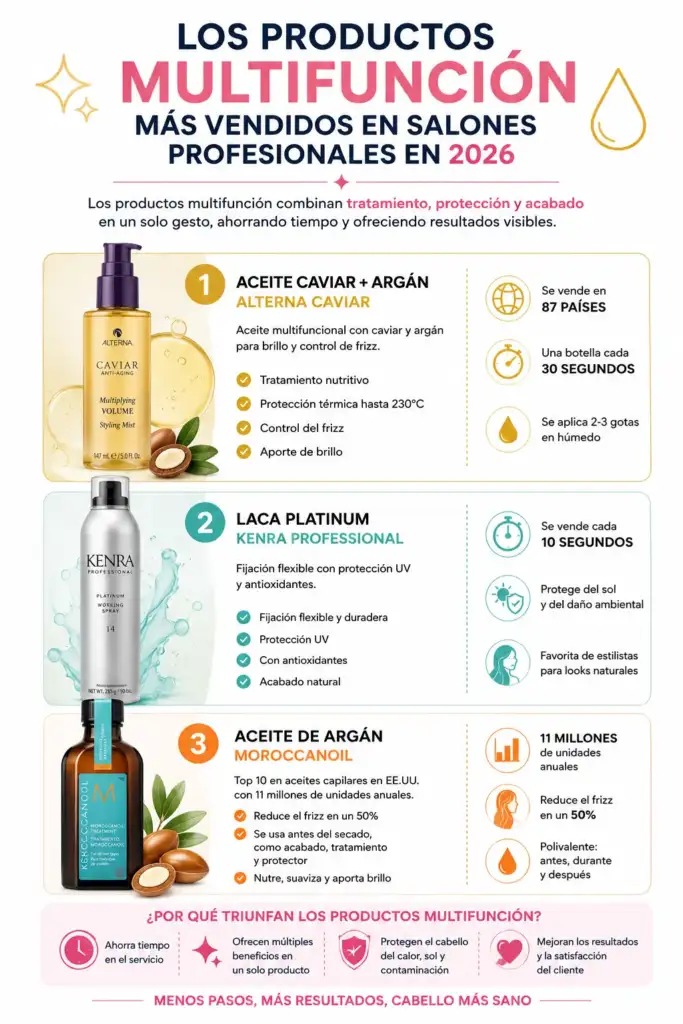 Infografía sobre los productos multifunción más vendidos en salones profesionales en 2026 Infografía que muestra los productos multifunción más vendidos en salones profesionales en 2026, incluyendo Alterna Caviar, Kenra Professional Platinum y Moroccanoil, con sus principales beneficios y características.
